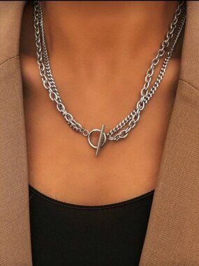 Silver Plated Stainless Steel Layered Toggle Necklace